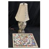 VTG. BUTTON FILLED TABLE LAMP & WALL ART