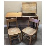 VINTAGE DOUBLE STUDENT CLASSROOM DESK WITH CHAIRS