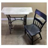 MARBLE TOP ANTIQUE SEWING MACHINE TABLE WITH CHAIR