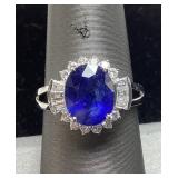 PLATINUM BLUE SAPPHIRE & DIAMOND RING, SIZE 7.25,