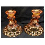 VTG. WESTMORELAND GLASS AMBER CANDLESTICK HOLDERS