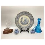 ANTIQUE IRONSTONE PLATE, GLASS TREE, BLUE AND