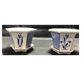2 DELFT BLUE PLANTERS WITH MATCHING SAUCERS