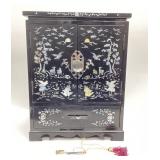 VTG. ORIENTAL BLACK LACQUER JEWELRY CABINET WITH