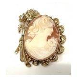 VTG.10K CARVED SHELL CAMEO BROOCH WITH DIAMOND