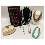 VINTAGE JEWELRY 8 NECKLACES, RED AGATE CROSS WITH