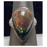 PLATINUM BLACK OPAL & DIAMOND RING, SIZE 7