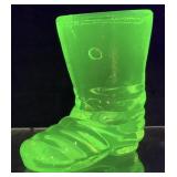 VTG. URANIUM VASELINE GLASS BOOT TOOTHPICK HOLDER