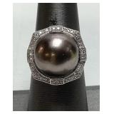 PLATINUM SOUTH SEA PEARL & DIAMOND RING, SIZE 7