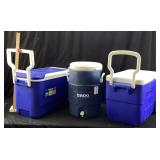 (3) BLUE COOLERS, IGLOO 38qt WHEELIE COOLER &