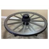 Antique wagon wheel table with glass