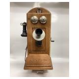 ANTIQUE TIGER OAK WALL HAND CRANK TELEPHONE THE