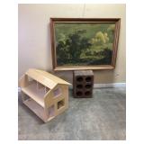 3PC LOT.  VINE RIDDLING RACK, VTG. ART, DOLL