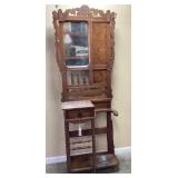 ANTIQUE OAK HALL TREE MARBLE TOP WITH BRASS