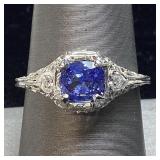 18KT WHITE GOLD SAPPHIRE & DIAMOND RING, SIZE