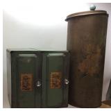 (2) VINTAGE METAL CANISTER CAN AND CABINET