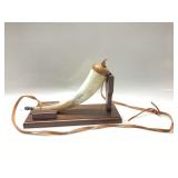 POWDER HORN HAND CARVED WITH LEATHER STRAP