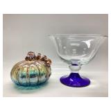 HANDBLOWN CRACKLE GLASS PUMPKIN WITH COBALT BLUE