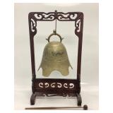 VTG. ASIAN BRASS BELL GONG HAND CARVED WOODEN