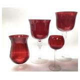 3) HAND-PAINTED RUBY RED CANDLE HOLDERS AND ONE