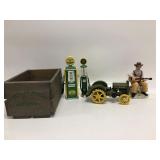 JOHN DEERE CRATE, 2 GAS PUMPS, WOODEN TRACTOR