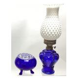 (2) VTG. COBALT BLUE OIL LAMP w HOBNAIL MILK GLASS