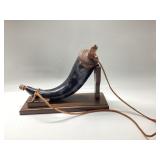 POWDER HORN HAND CARVED WITH LEATHER STRAP