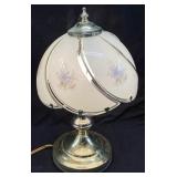1980s BLUE FLORAL GLASS TOUCH LAMP, BRASS