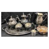 SILVER ON COPPER TEA SET w SERVING TRAY, SILVER