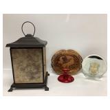 Mica lantern, wood craving, ruby glass candle