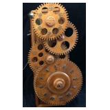1970s CLOCKWORK INC. OAK WOODEN GEAR CLOCK IN
