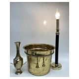 BRASS CANDLE STICK LAMP, BRASS PLANTER AND BRASS