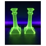 Vintage Yellow Vaseline Uranium glass candlesticks
