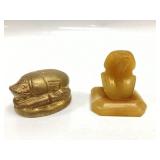BRASS EGYPTIAN SCARAB AMULET AND ALABASTER