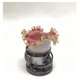 FENTON AMBER CREST RUFFLED VASE WITH HOLDER