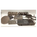 8 CAST IRON PANS 2 BACON PRESSES, WAFFLE PAN, 2