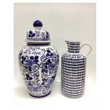 BLUE AND WHITE DECORATIVE GINGER JAR AND PITCHER