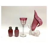 Vintage Hand Blown Cranberry Cornucopia Vase,