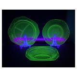 3 FEDERAL GREEN URANIUM GLASS MADRID PATTERN