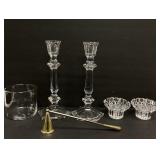 2 PAIR OF CRYSTAL CANDLESTICKS, BRASS CANDLE
