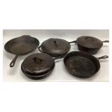 5 CAST IRON PANS, LODGE WOK AND FRYING PAN