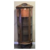 VTG. OAK CURVED GLASS CURIO CABINET w 3 MIRROR