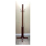 Oak freestanding coat rack with black metal hooks