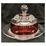 VTG. KINGï¿½S CROWN RUBY FLASHED GLASS BUTTER DISH