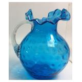 VTG. FENTON RUFFLED BLUE GLASS COIN DOT OPTIC