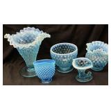 (5) FENTON BLUE OPALESCENT HOBNAIL GLASS PIECES,
