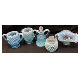 (5) FENTON BLUE OPALESCENT HOBNAIL GLASS PIECES