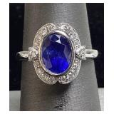 PLATINUM BLUE SAPPHIRE & DIAMOND RING, SIZE 7