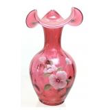 FENTON ART GLASS WILD ROSE CRANBERRY VASE w HAND