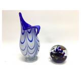Murano style art glass vase blue and white swirl